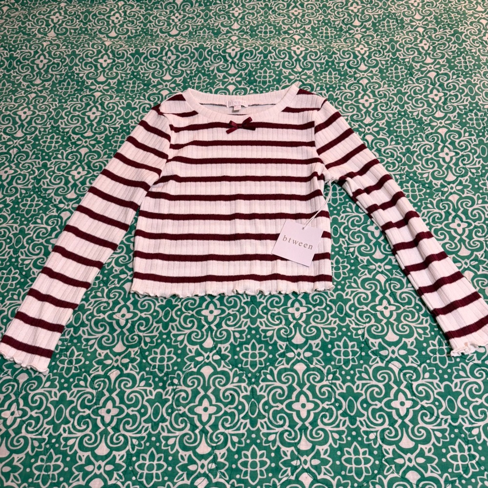 Btween Girls Size 7 Striped Ribbed Long Sleeve Top Burgundy White Lettuce Edge